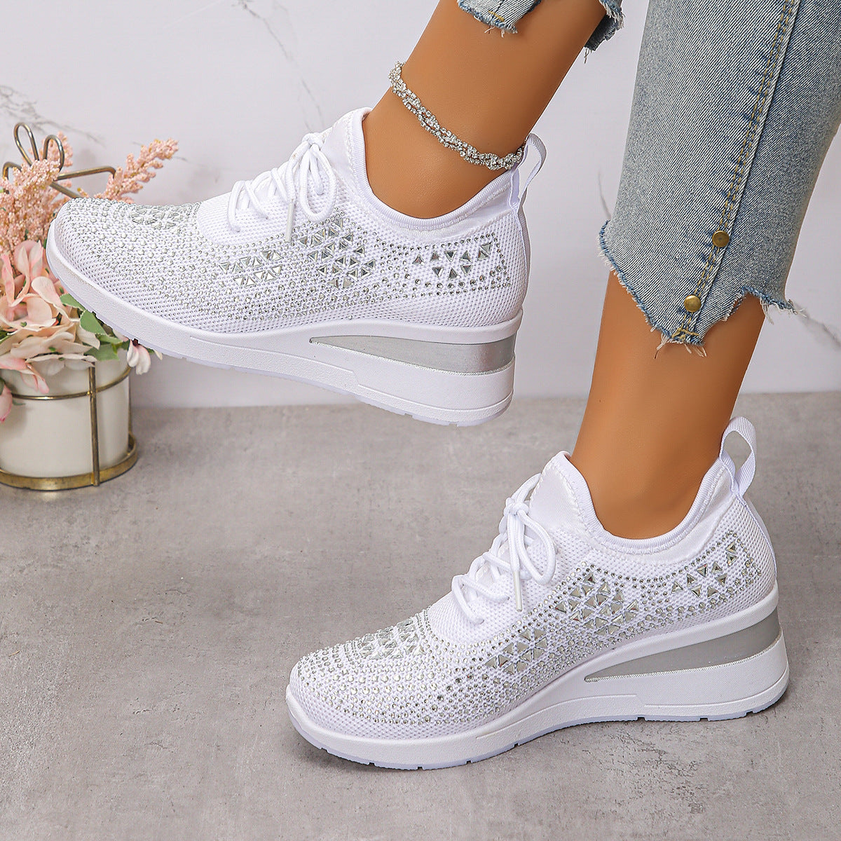 Ins Rhinestone Sneakers Fashion Lace Up Wedges Casual Shoes Women's Daily Commuting Sports Shoes See size chart under “more details” The Fashion Celestial