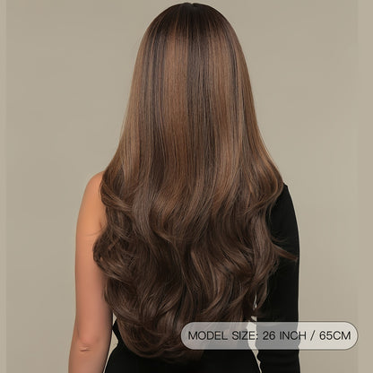 Long Wavy Brown Wig - Natural Style Synthetic Wig with Bangs and Curly Hair for Women NovaCart