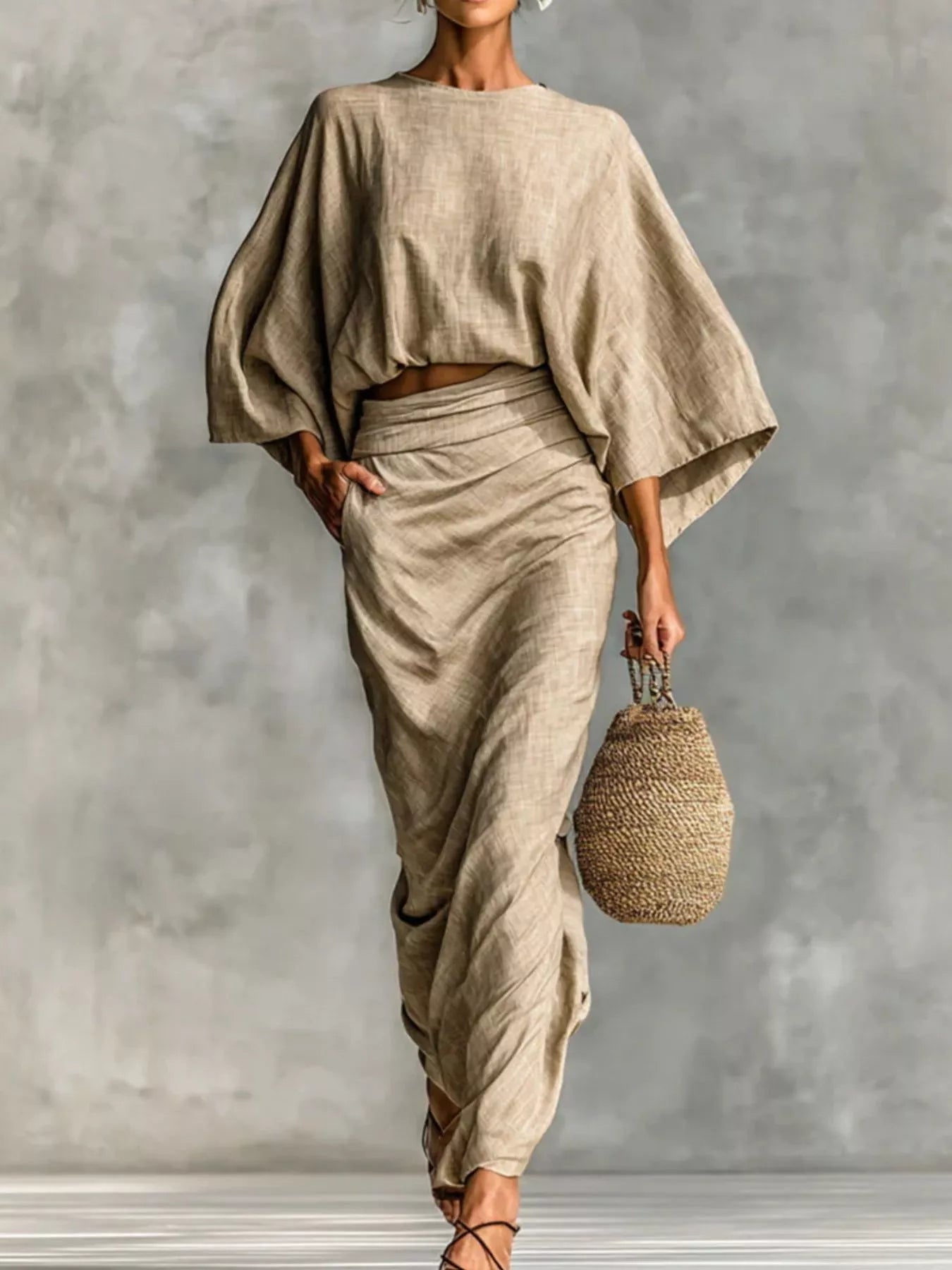 Full Size Kimono Sleeve Top and Ruched Skirt Set Plus Size See size chart under “more details” The Fashion Celestial