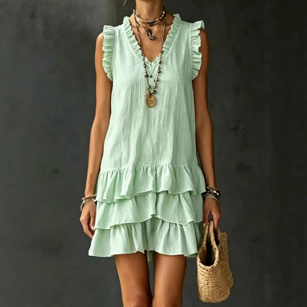 V-Neck Ruffle-Trim Tiered Sleeveless Midi Dress – 4 Colors, S–XXL FitiqueFit