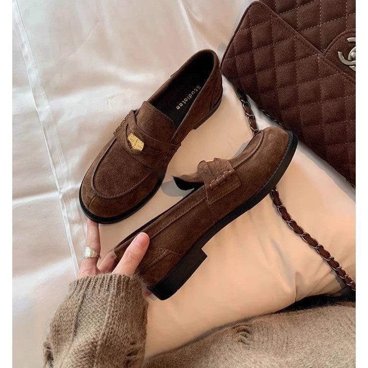 Women's British-Style Gold Coin Loafers | Block Heel Leather Slip-Ons FitiqueFit