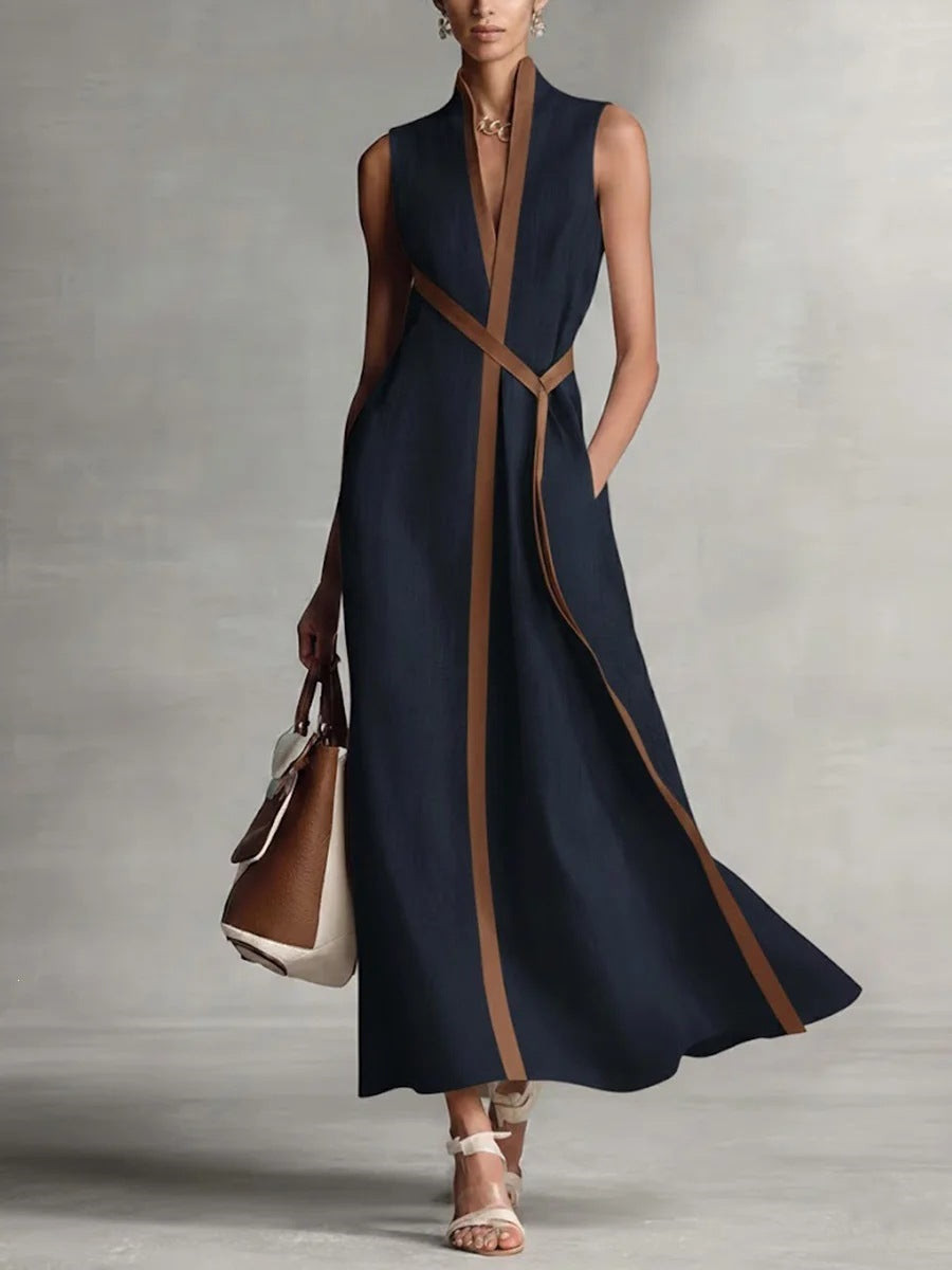 Women's Color Block Sleeveless Stand Collar Linen Blend Dress FitiqueFit