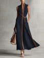 Women's Color Block Sleeveless Stand Collar Linen Blend Dress FitiqueFit