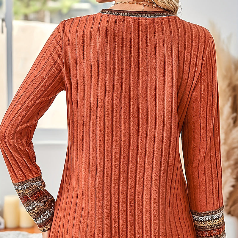 Women's Elegant Geometric Pattern Pullover - Lightweight Long Sleeve Button Blouse FitiqueFit