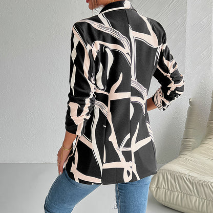 Women's Abstract Print Blazer Button Long Sleeve Work Jacket FitiqueFit