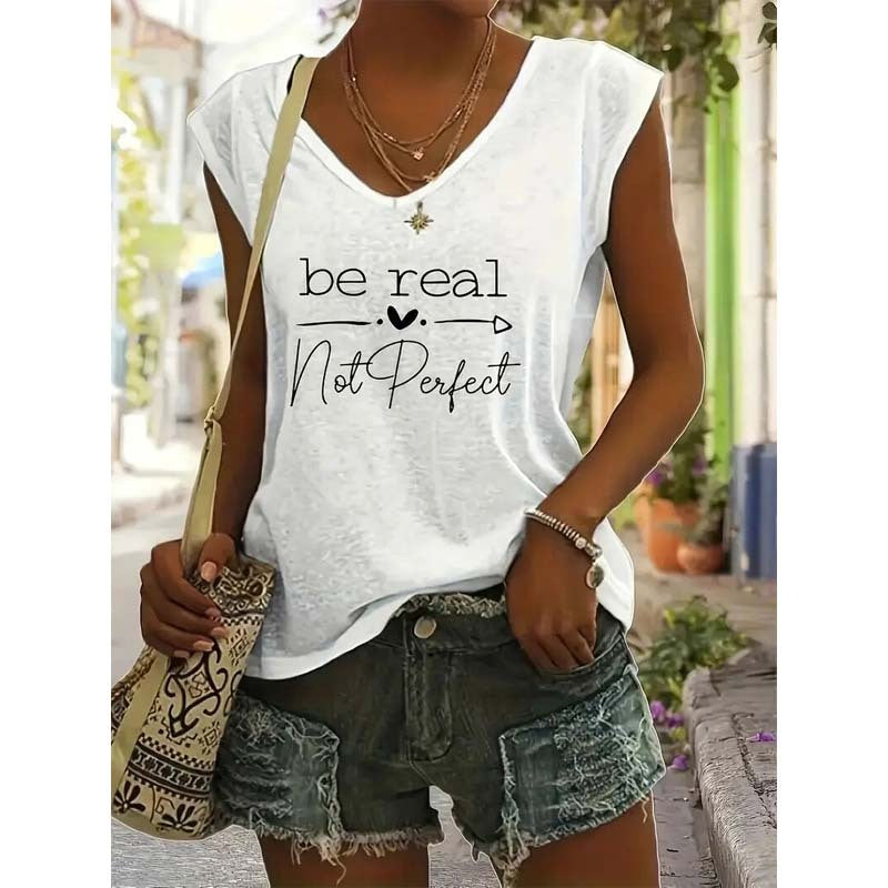 Women's V-Neck Slogan Print Short Sleeve T-Shirt Casual Comfort Top For Summer FitiqueFit