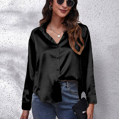 Hot Style In-Kind Shooting Satin Shirt Women'S Satin Imitation Long-Sleeved Shirt New European And American Cross-Border Women'S Clothing NovaCart