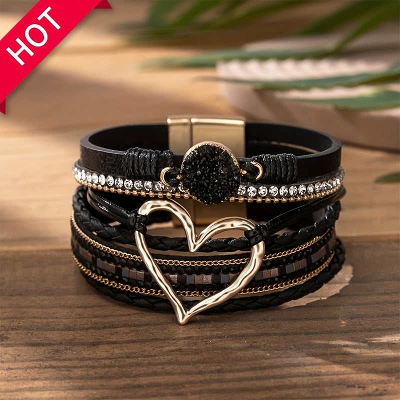 [Bohemian Heart Stone Bracelet] Bohemian Multi-Layer PU Leather Bracelet with Magnetic Clasp | Exaggerated Heart Stone Accent, Wide Cuff Statement Piece for Festival & Everyday, Style Layered Bangle - Year-Round Wear NovaCart