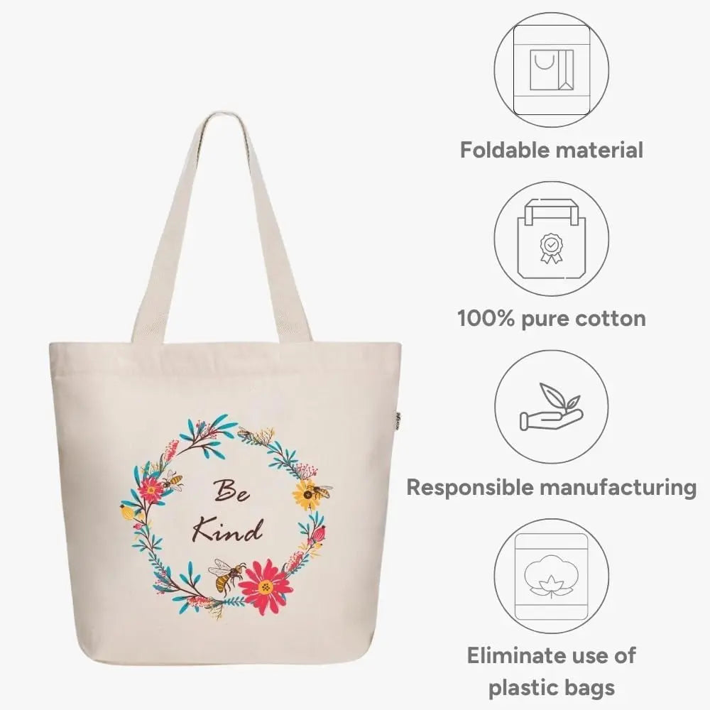 Ecoright Large Be Kind Canvas Tote Bag - Stylish Zipper Tote for Women Perfect for Yoga, Work, and Beach Outings