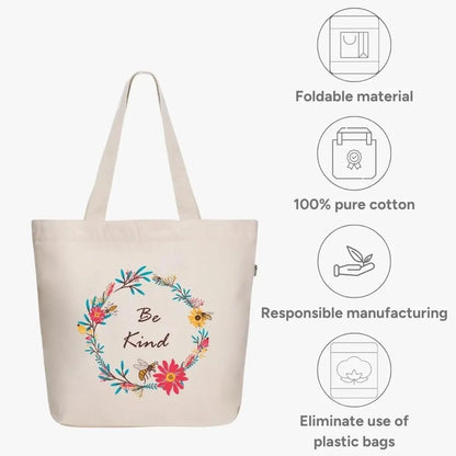 Ecoright Large Be Kind Canvas Tote Bag - Stylish Zipper Tote for Women Perfect for Yoga, Work, and Beach Outings