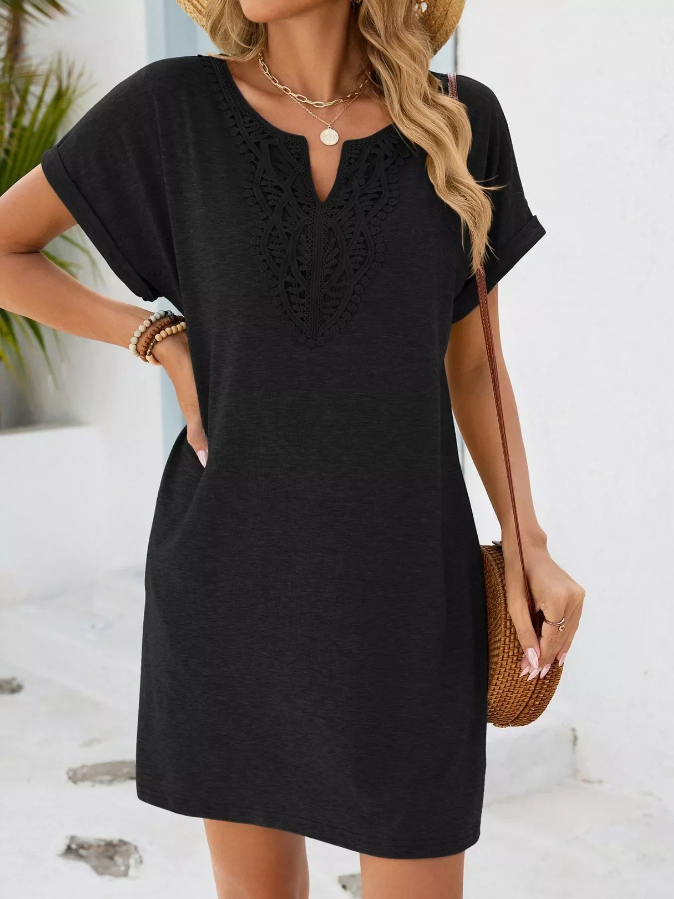 Lace Trim Notched Short Sleeve Dress New Era Fashion LLc