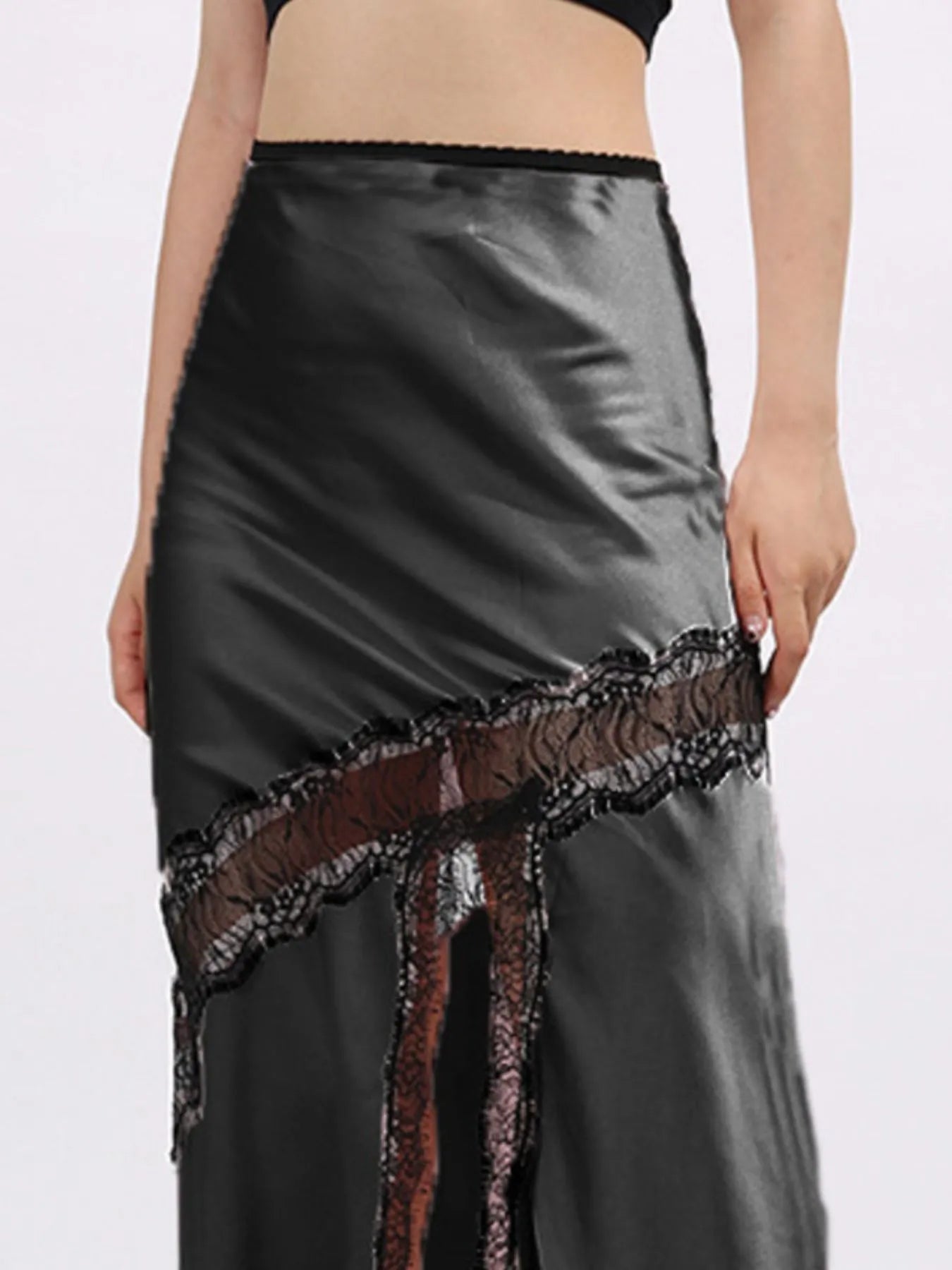 Lace Trim Asymmetrical Midi Skirt See size chart under “more details” The Fashion Celestial