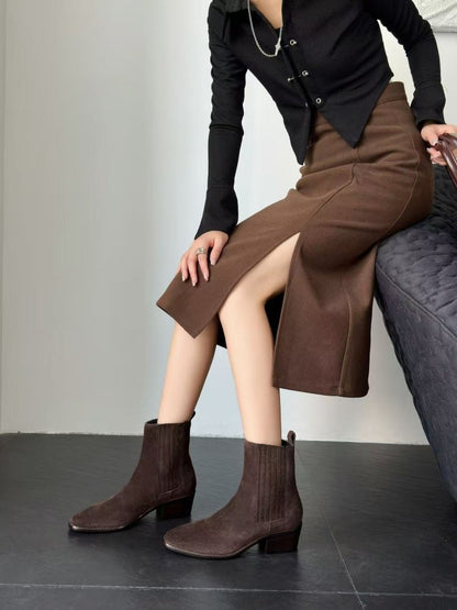 Women’s Retro Square-Toe Mid-Heel Chunky Leather Boots FitiqueFit