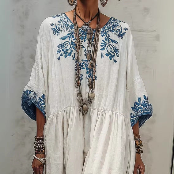 Women's Printed Batwing Sleeve Midi Dress – Loose Fit Linen Blend FitiqueFit