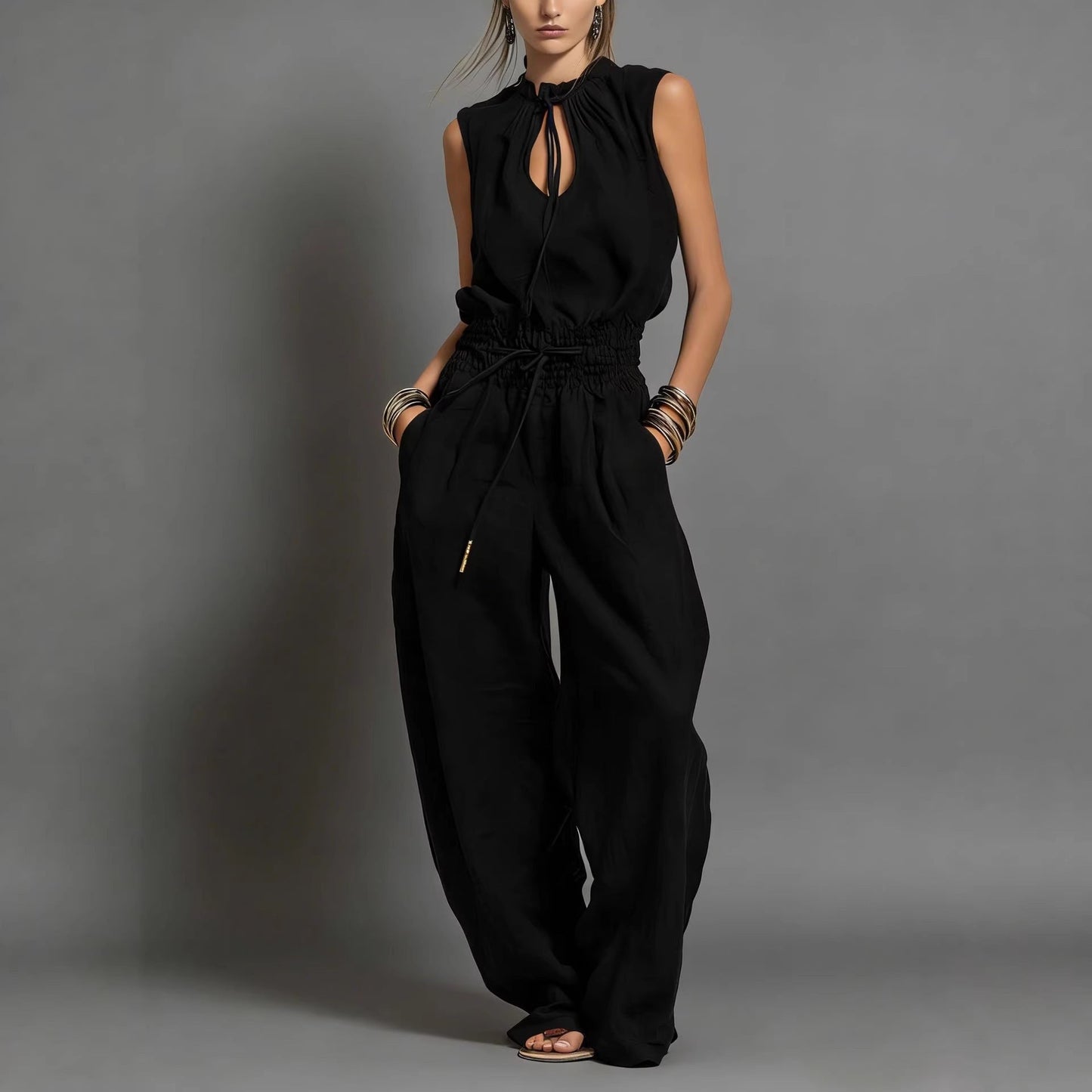 Women's Sleeveless High-Waist Wide-Leg Pleated Jumpsuit FitiqueFit