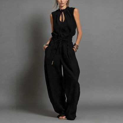 Women's Sleeveless High-Waist Wide-Leg Pleated Jumpsuit FitiqueFit