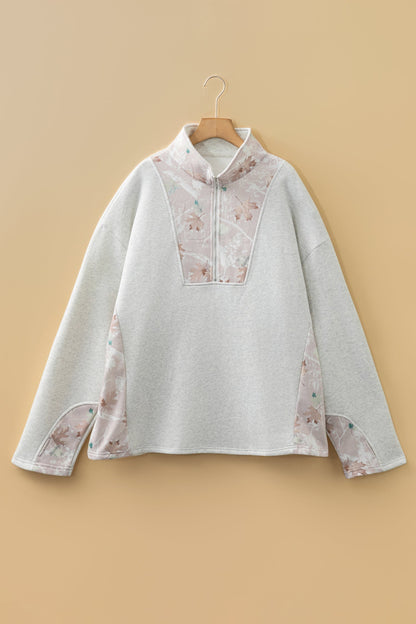 Gray Camo Leaves Patchwork Zipped Collar Pullover Plus Size Sweatshirt Garden Naked Curves