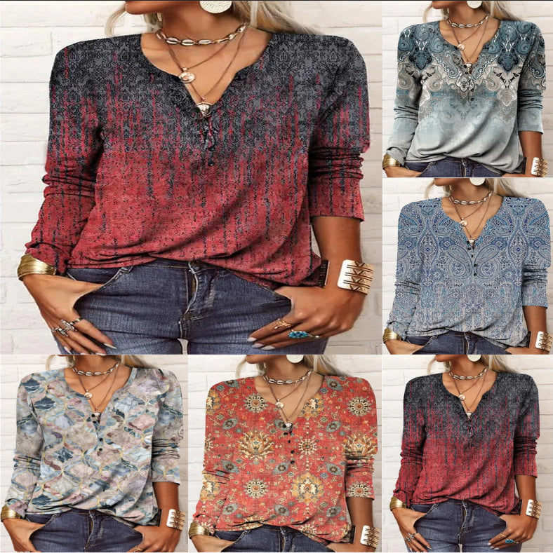 Women's Ethnic Print V-Neck Long Sleeve Loose T-Shirt FitiqueFit