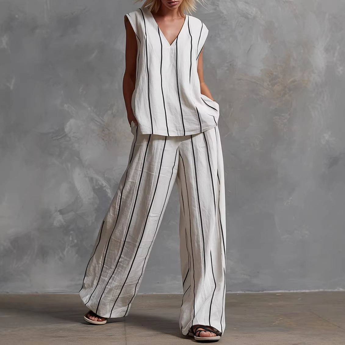 Women’s Sleeveless Striped Top and Full-Length Pants Set FitiqueFit