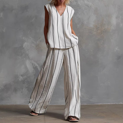 Women’s Sleeveless Striped Top and Full-Length Pants Set FitiqueFit
