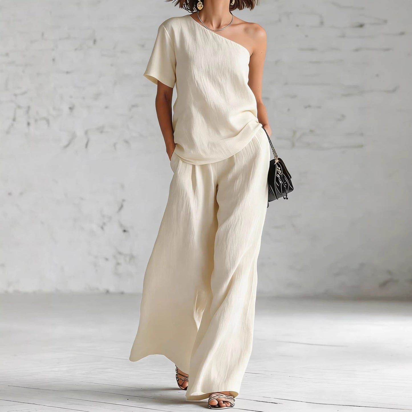 Women's Wide-Leg Pants & Top Set – 2-Piece Three-Quarter Sleeve Outfit FitiqueFit