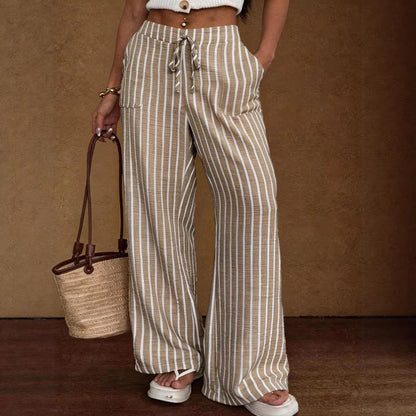 Women's Striped Wide-Leg Trousers – Lace-Up Elastic Waist Loose Fit FitiqueFit