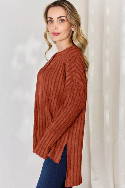 Basic Bae Full Size Ribbed Half Button Long Sleeve High-Low T-Shirt New Era Fashion LLc