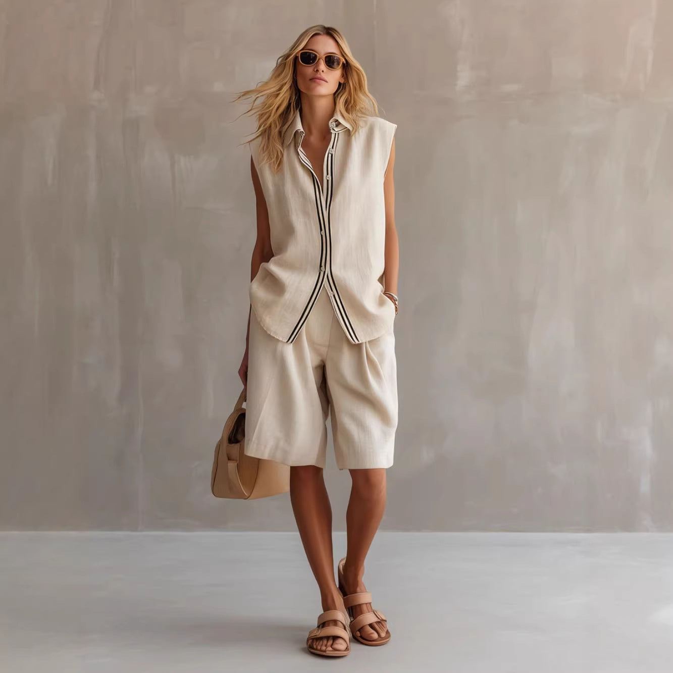Women's Linen Shirt and Shorts Set – Sleeveless Summer Two-Piece FitiqueFit