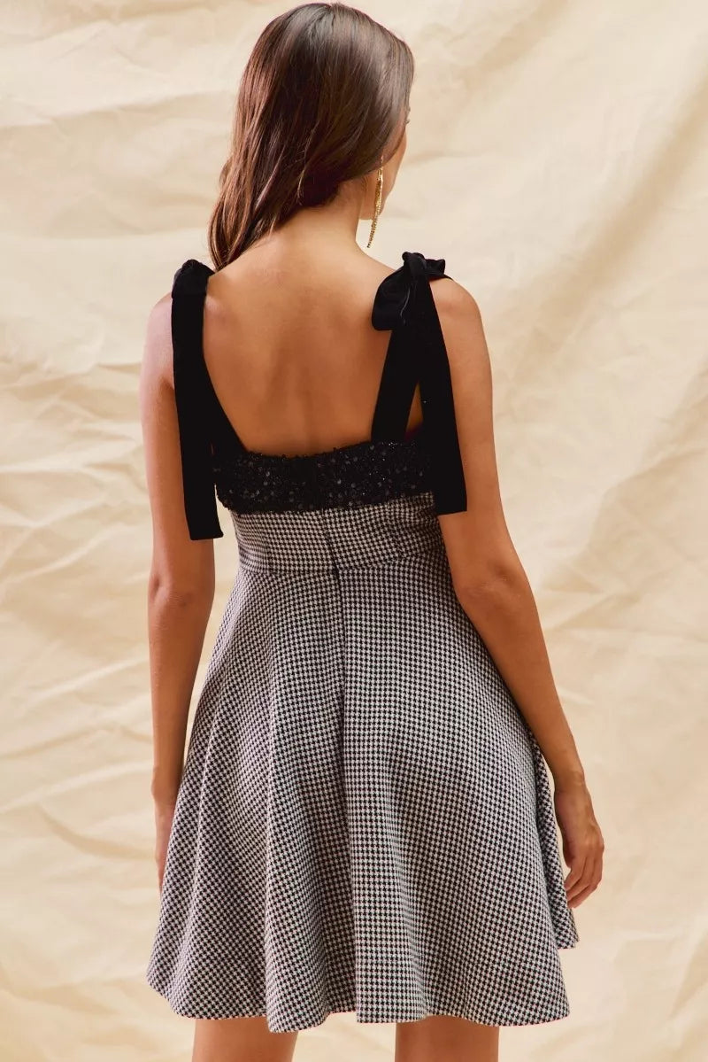 SO ME Houndstooth Fit Flare Mini Dress with Shoulder Tie West2East Surf