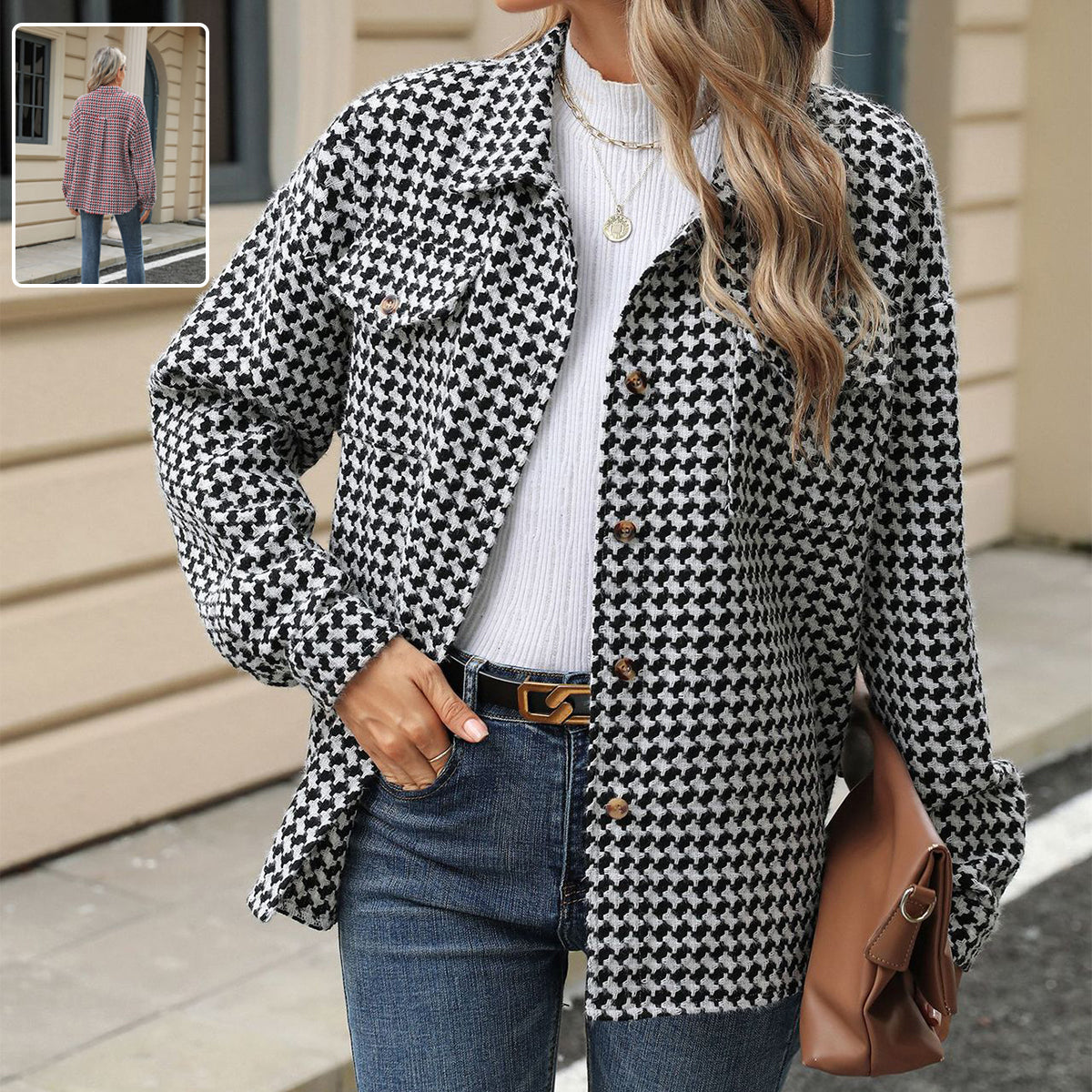 Fashion Houndstooth Lapel Tweed Coat Casual Loose Long Sleeve Jacket With Pocket Outwear Tops For Womens Clothing See size chart under “more details” The Fashion Celestial