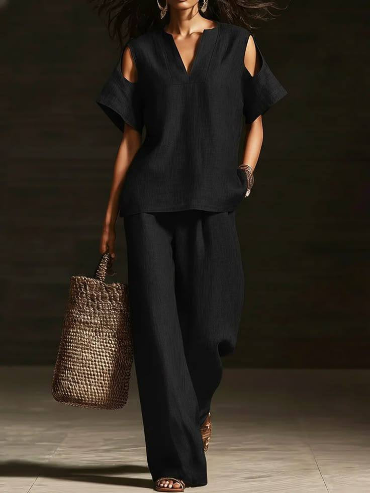 V-Neck Short Sleeve Top & Straight-Leg Pants Set – Ripped Detail, Pockets, Solid Color FitiqueFit