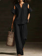 V-Neck Short Sleeve Top & Straight-Leg Pants Set – Ripped Detail, Pockets, Solid Color FitiqueFit