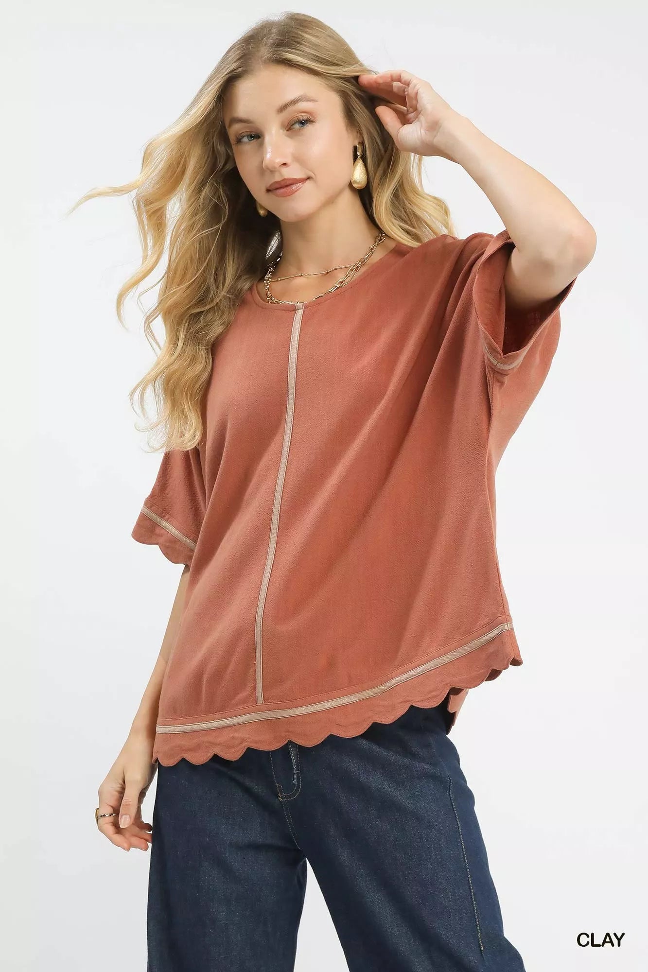 Umgee Linen Blend Scallop Trim Top FitiqueFit