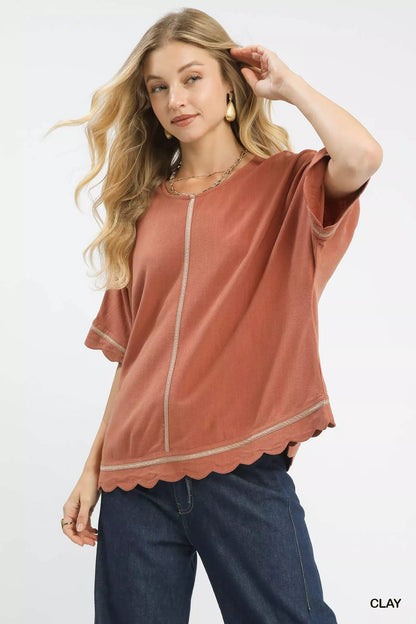 Umgee Linen Blend Scallop Trim Top FitiqueFit