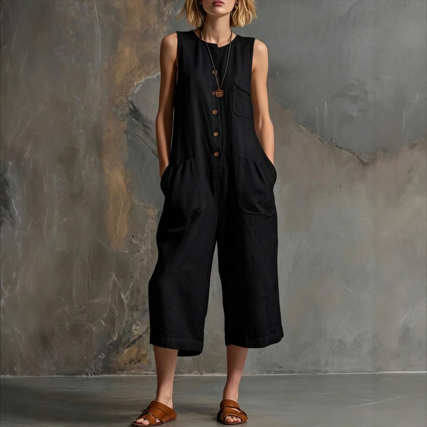 Women's Retro Sleeveless Wide-Leg Cropped Jumpsuit FitiqueFit
