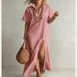 Women's Striped Slit Cotton-Linen Maxi Dress – V-Neck Short Sleeve FitiqueFit