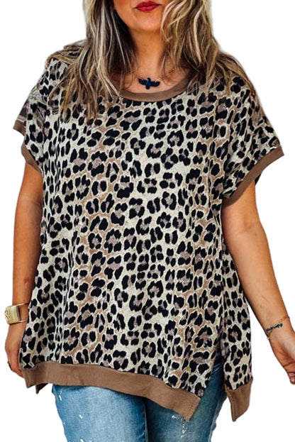 Khaki Leopard Contrast Trim Short Sleeve Loose Plus Size Top Garden Naked Curves