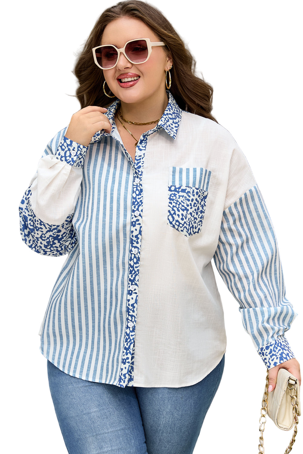 Sky Blue Leopard Striped Patchwork Casual Plus Shirt Garden Naked Curves