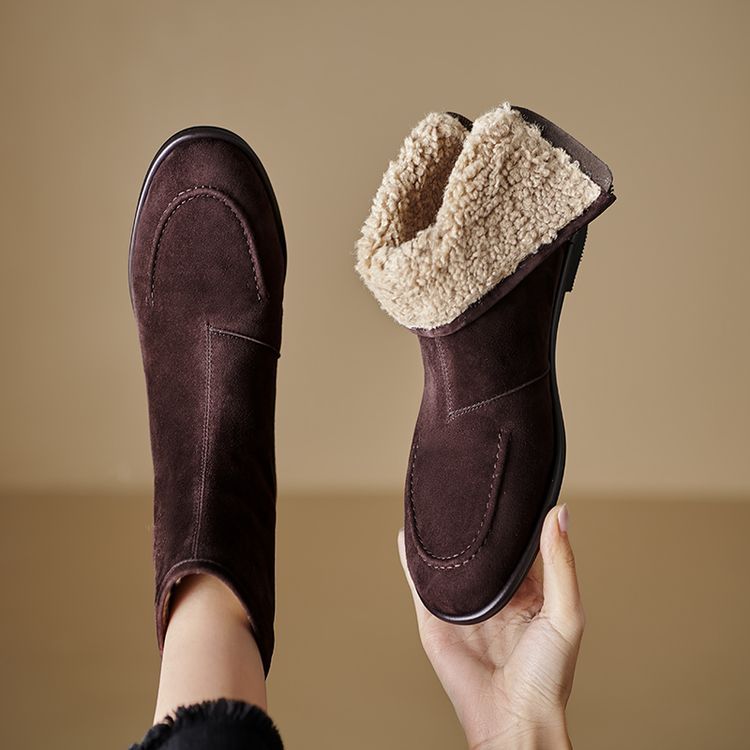 Women’s Fleece-Lined Ankle Boots – Round Toe Low Heel Winter Boots FitiqueFit