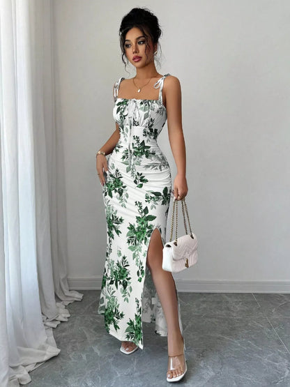 Printed Tie Strap Slit Maxi Dress New Era Fashion LLc
