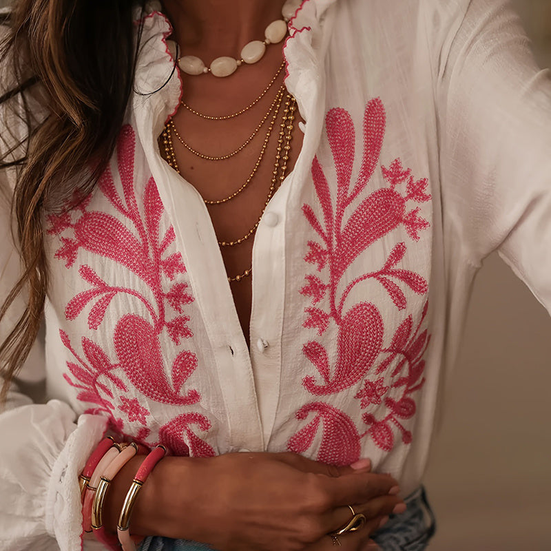 Boho Floral Ruffle Blouse — V-Neck Lantern Sleeve Button-Down Top FitiqueFit