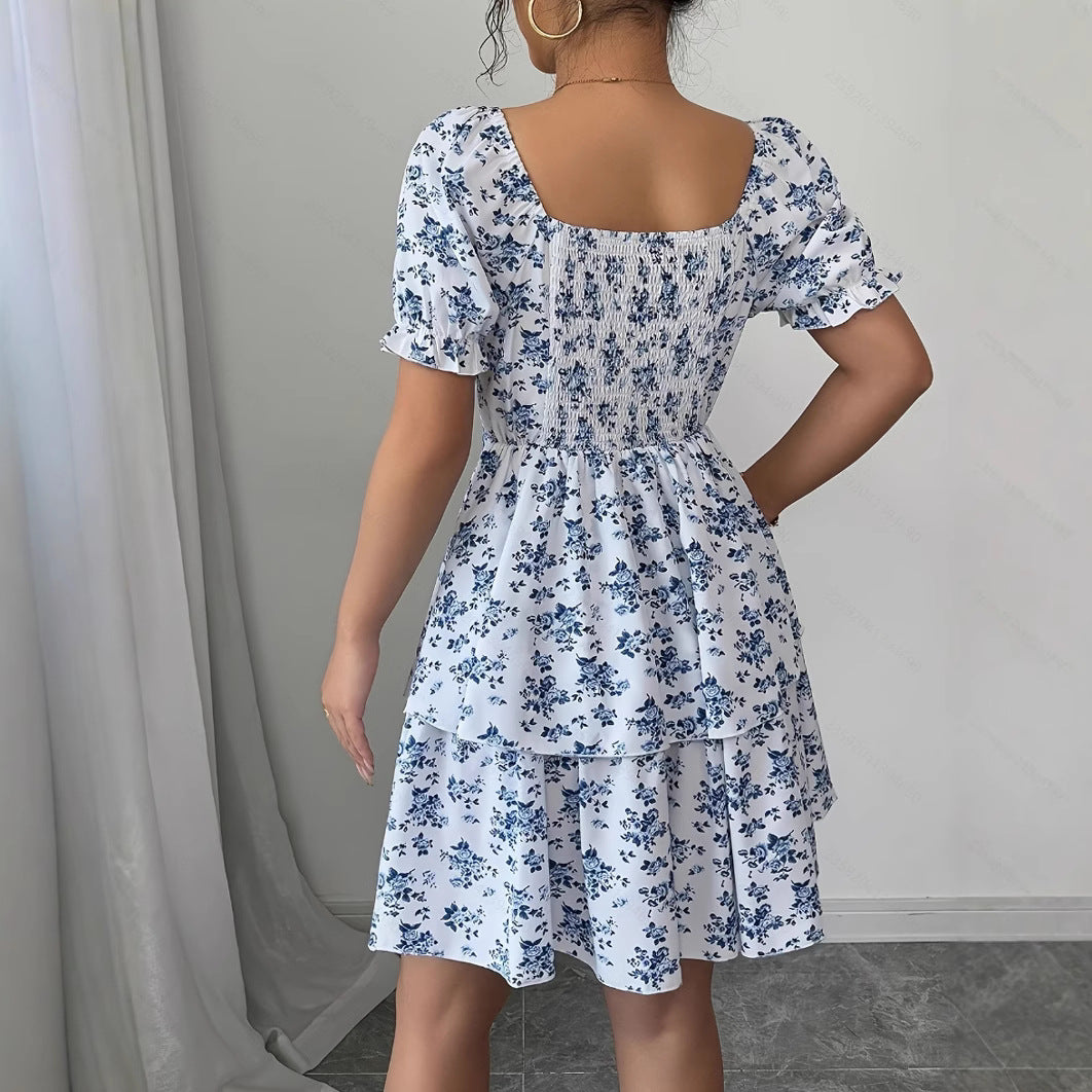 Ditsy Floral High Waist Flared Midi Dress – Short Sleeve Backless Summer Dress FitiqueFit