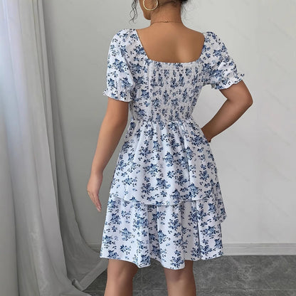 Ditsy Floral High Waist Flared Midi Dress – Short Sleeve Backless Summer Dress FitiqueFit