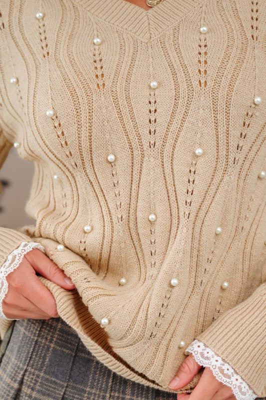 Pearl Beaded Pointelle Knit V-Neck Lace Trim Sweat Shop Style & More | Fresh Looks, Everyday Deals & Free Shipping