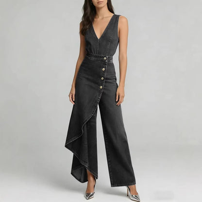 Women’s Western-Style V-Neck Asymmetrical Denim Jumpsuit FitiqueFit