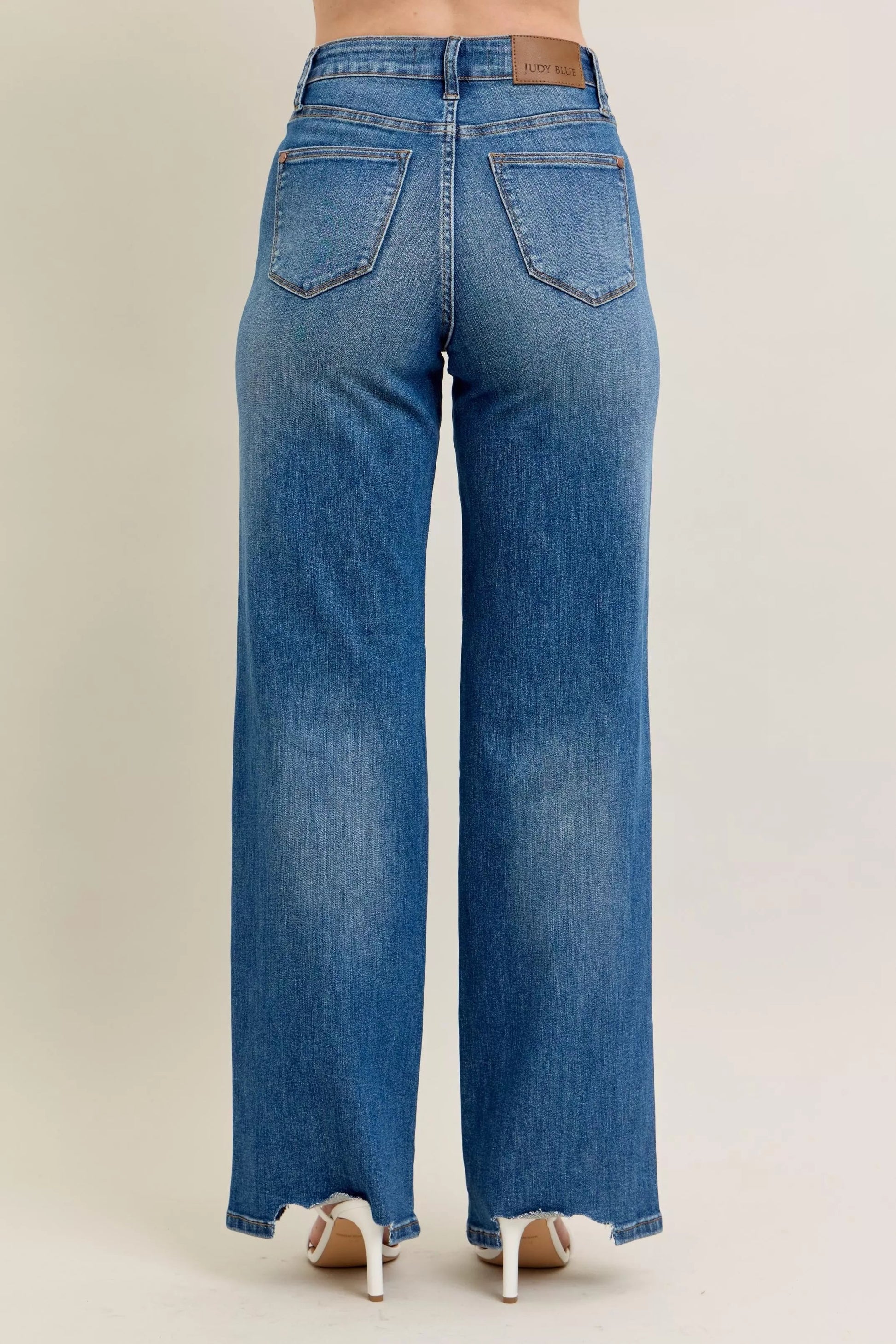 Judy Blue Full Size High Waist Tummy Control Chew Hem Destroy Wide Jeans Plus Size Garden Naked Curves