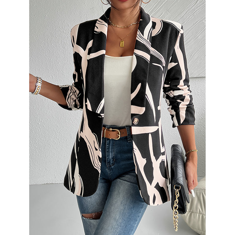 Women's Abstract Print Blazer Button Long Sleeve Work Jacket FitiqueFit