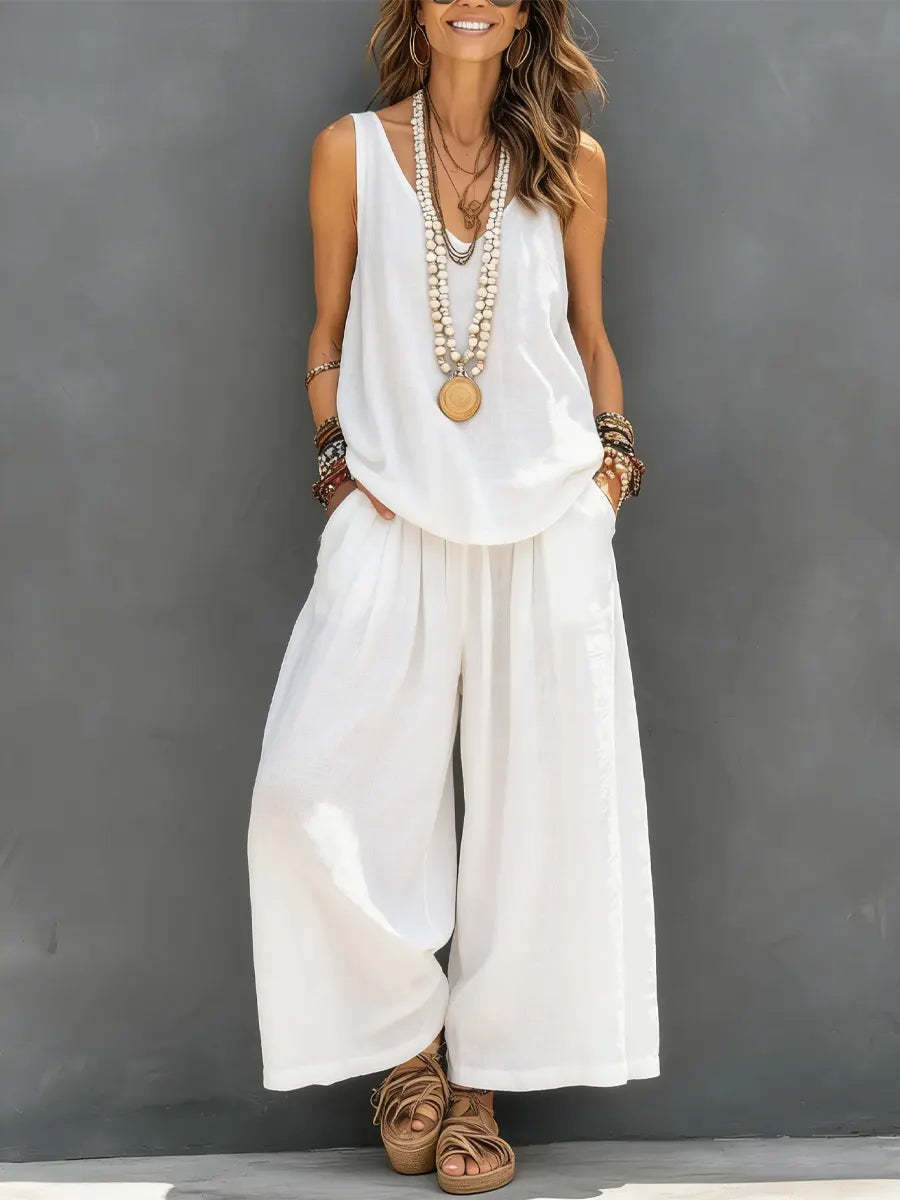Women’s Cotton Linen Sleeveless Tank Top and Wide-Leg Pants Set FitiqueFit