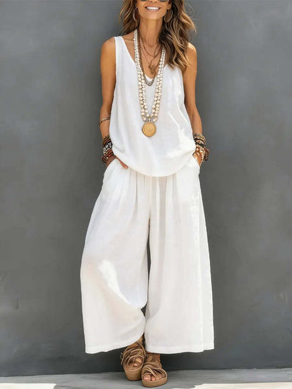 Women’s Cotton Linen Sleeveless Tank Top and Wide-Leg Pants Set FitiqueFit