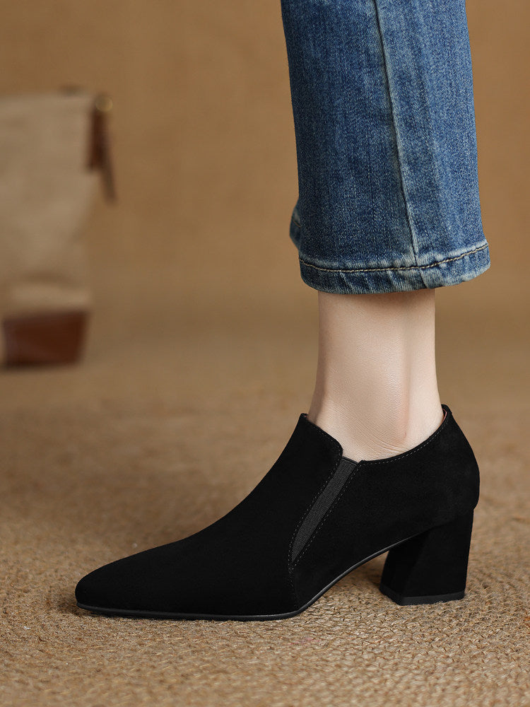 Women's Suede Pointed Toe Chunky Heel Pumps – Deep Vamp Low Heel FitiqueFit